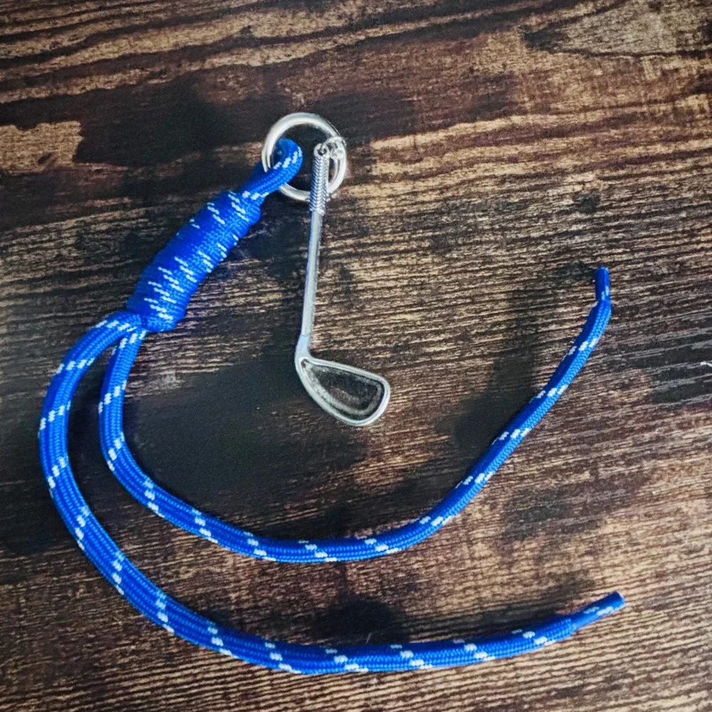 Blue Paracord Golf Club Charm Lanyard Keychain Bag Accessory Silver Tone Iron
